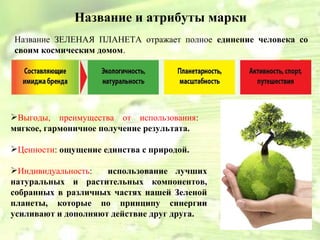 Название и атрибуты марки
Название ЗЕЛЕНАЯ ПЛАНЕТА отражает полное единение человека со
своим космическим домом.




Выгоды, преимущества от использования:
мягкое, гармоничное получение результата.

Ценности: ощущение единства с природой.

Индивидуальность:   использование лучших
натуральных и растительных компонентов,
собранных в различных частях нашей Зеленой
планеты, которые по принципу синергии
усиливают и дополняют действие друг друга.
 