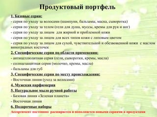 Продуктовый портфель
1. Базовые серии:
- серия по уходу за волосами (шампуни, бальзамы, маска, сыворотка)
- серия по уходу за телом (гели для душа, муссы, кремы для рук и ног)
- серия по уходу за лицом для жирной и проблемной кожи
- серия по уходу за лицом для всех типов кожи с липовым цветом
- серия по уходу за лицом для сухой, чувствительной и обезвоженной кожи с маслом
виноградных косточек
2. Специфические серии по области применения:
- антицеллюлитная серия (гели, сыворотки, кремы, масла)
- солнцезащитная серия (молочко, кремы, масла)
- бальзамы для губ
3. Специфические серии по месту происхождения:
- Восточная линия (уход за волосами)
4. Мужская парфюмерия
5. Натуральное мыло ручной работы
- Базовая линия «Зеленая планета»
- Восточная линия
6. Подарочные наборы
Ассортимент постоянно расширяется и пополняется новыми сериями и продуктами
 