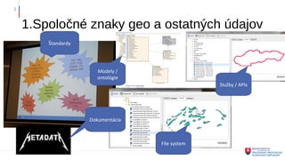 1.Spoločné znaky geo a ostatných údajov
3
Štandardy
Modely /
ontológie
Služby / APIs
File system
Dokumentácia
 