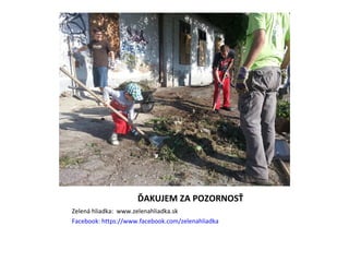 ĎAKUJEM ZA POZORNOSŤ
Zelená hliadka: www.zelenahliadka.sk
Facebook: https://www.facebook.com/zelenahliadka

 