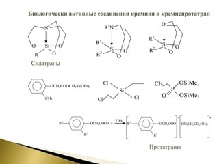 Биологически активные соединения кремния и кремнепротатран
Si
R1
R2 O
O
O
Si
R1
R2 O
R3
N
O
Si O
N
O
O
R
Силатраны
CH3
OCH2СOOCH2Si(OЕt)3
P
OSiMe3
OSiMe3O
Cl
Si
Cl
ClCl
R1
OCH2СOOH +
R1
OCH2СOO
-
HN(CH2CH2OH)3
+
R2
R2 ТЭА
Протатраны
 