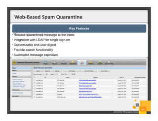 Web-Based Spam Quarantine
50
Symantec Messaging Gateway
• Release quarantined message to the inbox
• Integration with LDAP for single sign-on
• Customizable end-user digest
• Flexible search functionality
• Automated message expiration
Key Features
 