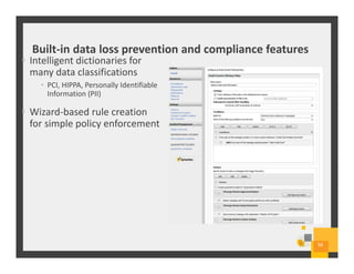 • Intelligent dictionaries for
many data classifications
• PCI, HIPPA, Personally Identifiable
Information (PII)
• Wizard-based rule creation
for simple policy enforcement
Built-in data loss prevention and compliance features
56
 