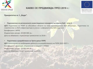 КАКВО СЕ ПРЕДВИЖДА ПРЕЗ 2018 г.:
Приоритетна ос 1 „Води“:
• Подпомагане на регионалното инвестиционно планиране на отрасъл ВиК – етап 2
ЦЕЛ: Подготовка на РПИП за обособени области на нови консолидирани ВиК оператори.; Подготовка на
строителство на ВиК инфраструктура в унисон с реформата във ВиК отрасъла
Бенефициент: МРРБ
Индикативен ресурс: 20 000 000 лв.;
Дата на обявяване: първо/второ тримесечие на 2018 г.
• Подготовка и разработване на Трети цикъл ПУРБ
ЦЕЛ: Изпълнение на необходими дейности за разработването на ПУРБ 2022-2027 г.
Бенефициент: Дирекция „Управление на водите“ в МОСВ
Индикативен ресурс: 15 000 000 лв.;
Дата на обявяване: второ тримесечие на 2018 г.
 