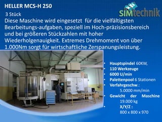 HELLER MCS-H 250
3 Stück
Diese Maschine wird eingesetzt für die vielfältigsten
Bearbeitungs-aufgaben, speziell im Hoch-präzisionsbereich
und bei größeren Stückzahlen mit hoher
Wiederholgenauigkeit. Extremes Drehmoment von über
1.000Nm sorgt für wirtschaftliche Zerspanungsleistung.
• Hauptspindel 60KW,
• 110 Werkzeuge
• 6000 U/min
• Palettenpool 6 Stationen
• Verfahrgeschw.:
5.0000 mm/min
• Gewicht der Maschine
19.000 kg
• X/Y/Z :
800 x 800 x 970
 