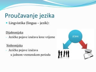 Proučavanje jezika
 Lingvistika (lingua – jezik):
Dijahronijska
- Jezičke pojave izučava kroz vrijeme
Sinhronijska
- Jezičke pojave izučava
u jednom vremenskom periodu
 