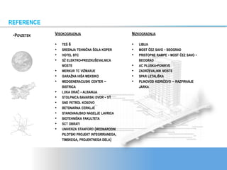 •POVZETEK VISOKOGRADNJA
• TEŠ 6
• SREDNJA TEHNIČNA ŠOLA KOPER
• HOTEL BTC
• SŽ ELEKTRO-PREIZKUŠEVALNICA
MOSTE
• MERKUR TC VIŽMARJE
• GARAŽNA HIŠA MEKSIKO
• MEDGENERACIJSKI CENTER –
BISTRICA
• LUKA DRAČ - ALBANIJA
• STOLPNICA BAVARSKI DVOR - S1
• SND PETROL KOSOVO
• BETONARNA CERKLJE
• STANOVANJSKO NASELJE LAVRICA
• BIOTEHNIŠKA FAKULTETA
• SCT OBRATI
• UNIVERZA STANFORD (MEDNARODNI
PILOTSKI PROJEKT INTEGRIRANEGA,
TIMSKEGA, PROJEKTNEGA DELA)
NIZKOGRADNJA
• LIBIJA
• MOST ČEZ SAVO - BEOGRAD
• PRISTOPNE RAMPE - MOST ČEZ SAVO -
BEOGRAD
• AC PLUSKA-PONIKVE
• ZADRŽEVALNIK MOSTE
• SPAR LETALIŠKA
• PLINOVOD KIDRIČEVO – RAZPIRANJE
JARKA
REFERENCE
 