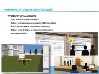 KOMUNIKACIJA Z ODDALJENIMI GRADBIŠČI
VZPOSTAVITEV VIRTUALNE PISARNE:
• VIDEO, AVDIO POVEZAVA PREKO INTERNETA
• MOŽNOST SKUPNEGA UREJANJA DOKUMENTOV (MS OFFICE, ADOBE)
• HKRATI LAHKO SESTANKUJE VELIKO ŠTEVILO UDELEŽENCEV
• MOŽNOST UVOZA 3D MODELA IN PREGLEDOVANJE DETAJLOV NA
VIRTUALNEM GRADBIŠČU
 