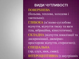 Види чутливостіПОВЕРХНЕВА  (больова, теплова, холодова і тактильна);ГЛИБОКА (м’язово-суглобове відчуття, відчуття тиску та ваги тіла, вібраційна, кінестетична); СКЛАДНА (відчуттялокалізації та дискримінації, двомірно-просторовевідчуття, стереогноз);СПЕЦІАЛЬНА (зір, слух, нюх, смак);ІНТЕРОЦЕПТИВНА (з внутрішніх органів, стінок кровоносних судин)