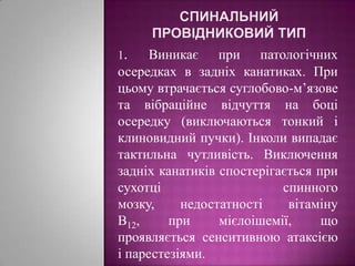 Спинальний провідниковий тип1. Виникає при патологічних осередках в задніх канатиках. При цьому втрачається суглобово-м’язове та вібраційне відчуття на боці осередку (виключаються тонкий і клиновидний пучки). Інколи випадає  тактильна чутливість. Виключення задніх канатиків спостерігається при сухотці спинного мозку, недостатності вітаміну В12, при мієлоішемії, що проявляється сенситивною атаксією і парестезіями.