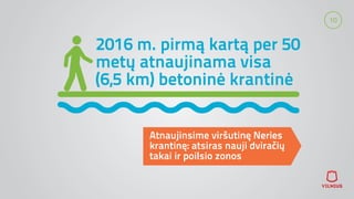 10
2016 m. pirmą kartą per 50
metų atnaujinama visa
(6,5 km) betoninė krantinė
Atnaujinsime viršutinę Neries
krantinę: atsiras nauji dviračių
takai ir poilsio zonos
 