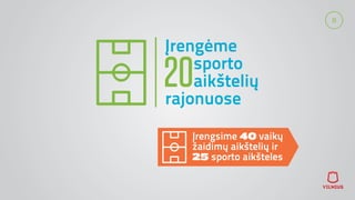 8
Įrengėme
20sporto
aikštelių
rajonuose
Įrengsime 40 vaikų
žaidimų aikštelių ir
25 sporto aikšteles
 
