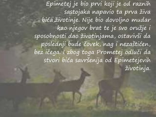 Epimetej je bio prvi koji je od raznih
sastojaka napavio ta prva živa
bića,životinje. Nije bio dovoljno mudar
kao njegov brat te je svo oružje i
sposobnosti dao životinjama, ostavivši da
poslednji bude čovek, nag i nezaštićen,
bez ičega. I zbog toga Prometej odluči da
stvori bića savršenija od Epimetejevih
životinja.
 