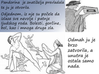 Pandorina je znatiželja prevladala
te ju je otvorila.
Odjednom, iz nje su počele da
izlaze sve nevolje i patnje
Ijudskog roda. Bolesti, gorčine,
bol, kao i mnoga druga zla.
Odmah ju je
brzo
zatvorila, a
unutra je
ostala samo
nada.
 