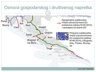 Osnova gospodarskog i društvenog napretka
18

Poreč
Rovinj

Krk
Cres

Senj

Zadar
Biograd
na Moru

Agregacijska svjetlovodna
mreža subvencionirana EU
sredstvima (odluka N145/2014)
i upravljana od strane OiV

Gospić
Gračac
Knin

Pristupne svjetlovodne
mreže subvencionirane
EU sredstvima (odluka
N146/2014) u Biogradu,
Krku, Poreču, Rovinju,
itd.

Trogir

Izvor karte: Wikipedia

 