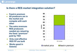 Is there a RES market integration solution?

    Feed-in premium                                      90
    All producers are in                                 80
     the market and                                       70
     compete with each
                                                          60
     other
                                                          50




                                                EUR/MWh
    The extra revenues
     RES producers                                        40
     needed are raised by                                 30
     the fixed “premium”                                  20
     paid by TSO                                          10
     Only cost effective                                 0
      RES PP are built                                                   RES revenues


     Works good in
                                                          market price          feed-in premium
      Estonia
    30.09.2011              Latvenergo Group presentation                               40
 
