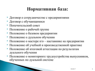  Договор о сотрудничестве с предприятиями
 Договор с обучающимися
 Попечительский совет
 Положение о рабочей группе
 Положение о базовом предприятии
 Положение о дуальном обучении
 Положение о мастере п/о – наставнике на предприятии
 Положение об учебной и производственной практике
 Положение об итоговой аттестации по результатам
дуального обучения
 Положение о мониторинге трудоустройства выпускников,
обученных по дуальной системе
01.02.17 4
 