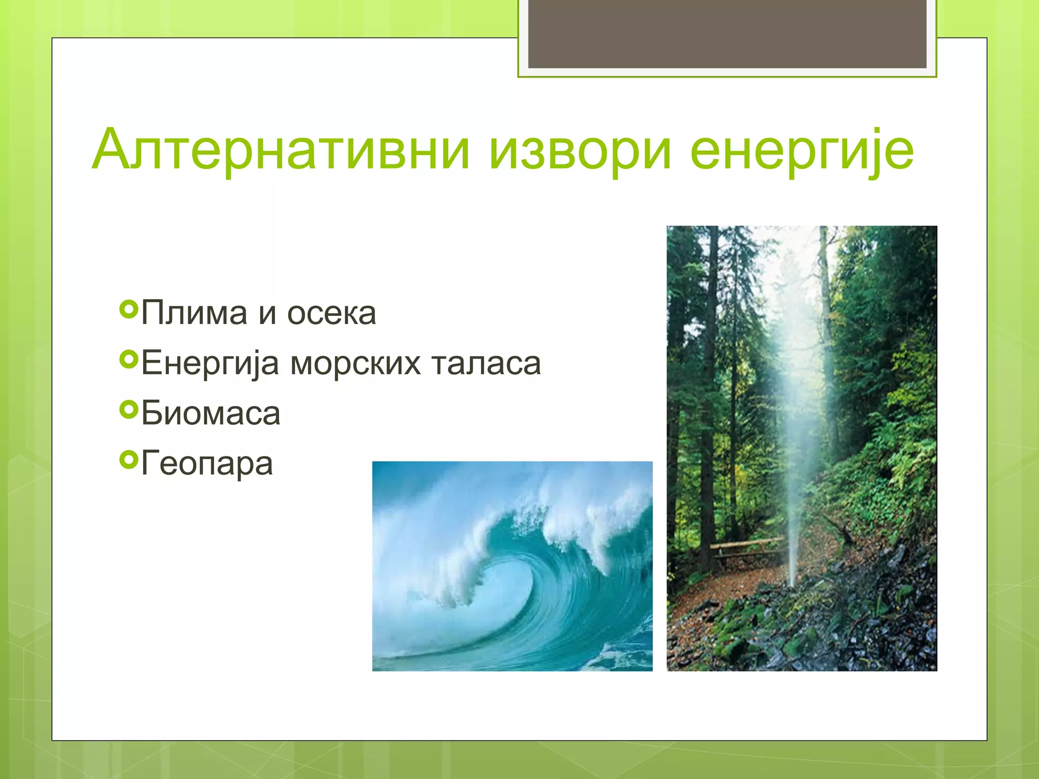 Алтернативни извори енергије

Плима  и осека
Енергија морских таласа
Биомаса
Геопара
 