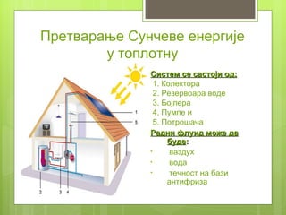 Претварање Сунчеве енергије
        у топлотну
              Систем се састоји од:
                1. Колектора
                2. Резервоара воде
                3. Бојлера
                4. Пумпе и
                5. Потрошача
              Радни флуид може да
                    буде:
              •      ваздух
              •      вода
              •      течност на бази
                    антифриза
 