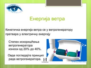 Енергија ветра

Кинетичка енергија ветра се у ветрогенератору
претвара у електричну енергију

  Степен искоришћења
  ветрогенератора
  износи од 20% до 40%.

 Овде погледајте принцип
 рада ветрогенератора.
                          Simulacija.exe
 