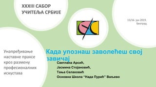 Када упознаш заволећеш свој
завичајСветлана Арсић,
Јасмина Стојановић,
Тања Селаковић
Основна Школа “Нада Пурић” Ваљево
XXXIII САБОР
УЧИТЕЉА СРБИЈЕ
Унапређивање
наставне праксе
кроз размену
професионалних
искустава
15/16. јун 2019.
Београд
 