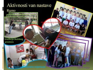 Aktivnosti van nastave
Razno
Sajam knjigaSajam profesionalne orijentacije
Uređenje školskog
prostora
Akcija davanja krvi
 