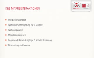 Integrationskonzept
Wohnraumunterstützung für 6 Monate
Wohnungssuche
Mitarbeiterdarlehen
Begleitende Behördengänge & soziale Betreuung
Einarbeitung mit Mentor
K&S MITARBEITERAKTIONEN K&S Seniorenresidenz Hamburg - Harburger Sand
K&S Seniorenresidenz Nordhausen
K&S Seniorenresidenz Plauen -Am Elsterpark
 