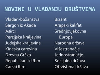 NOVINE U VLADANJU DRUŠTVIMA
Vladari-božanstva      Bizant
Sargon iz Akada        Arapski kalifat
Asirci                 Srednjovjekovna
Perzijska kraljevina     Europa
Judejska kraljevina    Narodna država
Kineska carevina       Višestranačje
Drevna Grčka           Jednostranačje
Republikanski Rim      Socijalna država
Carski Rim             Otržištena država
 