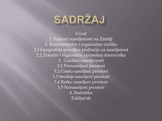 Uvod
         1. Faktori naseljenosti na Zemlji
      2. Kontinentalne i regionalne razlike
2.1 Geografski povoljna područja za naseljenost
 2.2 Zonalni i regionalni razmeštaj stanovnika
              3.. Gustina naseljenosti
              3.1 Prenaseljeni prostori
            3.2 Gusto naseljeni prostori
           3.3 Srednje naseljeni prostori
            3.4 Retko naseljeni prostori
              3.5 Nenaseljeni prostori
                     4. Statistika
                      Zaključak
 