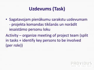 Uzdevums (Task)
• Sagatavojam pienākumu sarakstu uzdevumam
- projekta komandas tikšanās un norādīt
iesaistāmo personu loku
Activity – organize meeting of project team (split
in tasks + identify key persons to be involved
(per role))
 