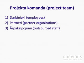Projekta komanda (project team)
1) Darbinieki (employees)
2) Partneri (partner organizations)
3) Ārpakalpojumi (outsourced staff)
 