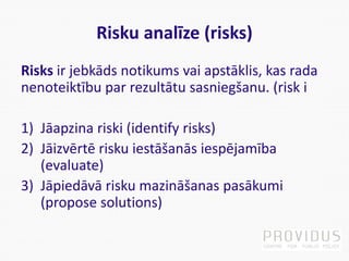 Risku analīze (risks)
Risks ir jebkāds notikums vai apstāklis, kas rada
nenoteiktību par rezultātu sasniegšanu. (risk i
1) Jāapzina riski (identify risks)
2) Jāizvērtē risku iestāšanās iespējamība
(evaluate)
3) Jāpiedāvā risku mazināšanas pasākumi
(propose solutions)
 