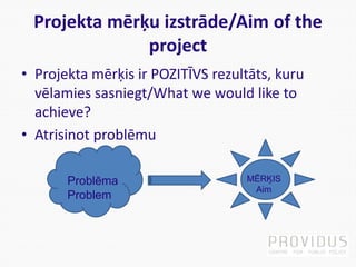 Projekta mērķu izstrāde/Aim of the
project
• Projekta mērķis ir POZITĪVS rezultāts, kuru
vēlamies sasniegt/What we would l...