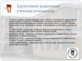 Едукативне радионице
ученици-ученицима
 Ученици седмих и осмих разреда који су били у Гимназији на едукативним
радионицама из области толеранција и интеркултуралности, држали су
радионице заинтересованим млађим ученицима петих и шестих разреда.
Радионице су се одржавале петком и формиране су три групе ученика за
рад:
 ПЛАВА ГРУПА - учионица техничког, водитељи радионица су: Пешут
Милош, Мина Врбашки, Миош Бркић, Младен Бркић.
 ЦРВЕНА ГРУПА – учионица историје, водитељи су: Тамара Дудош, Бошко
Живковић и Анђела Липовина.
 ЗЕЛЕНА ГРУПА – учионица ликовне културе, водитељи су: Горана Батес,
Стефан Пуалић и Немања Секулић.
 ПРВА РАДИОНИЦА: - представљање, игра комшије, сударање уз музику,
имитатори и мостови.
 