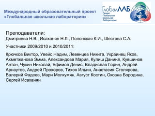 Международный образовательный проект «Глобальная школьная лаборатория» Преподаватели: Дмитриева Н.В., Исаханян Н.Л., Полонская К.И., Шестова С.А. Участники 2009/2010 и 2010/2011: Крючков Виктор, Увейс Надим, Левенцев Никита, Украинец Яков, Ахметжанова Эмма, Александова Мария, Кулиш Даниил, Кувшинов Антон, Чукин Николай, Ефимов Денис, Владислав Горин, Андрей Арнаутов, Андрей Прохоров, Тихон Ильин, Анастасия Столярова, Валерий Фадеев, Мари Мелкумян, Август Костин, Оксана Бородина, Сергей Исаханян 