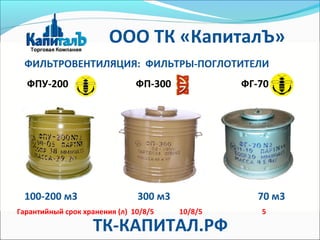 ФИЛЬТРОВЕНТИЛЯЦИЯ: ФИЛЬТРЫ-ПОГЛОТИТЕЛИ
ФПУ-200 ФП-300 ФГ-70
100-200 м3 300 м3 70 м3
Гарантийный срок хранения (л) 10/8/5 10/8/5 5
ООО ТК «КапиталЪ»
ТК-КАПИТАЛ.РФ
 