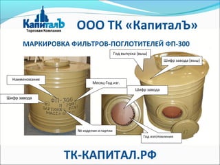 МАРКИРОВКА ФИЛЬТРОВ-ПОГЛОТИТЕЛЕЙ ФП-300
Наименование
Месяц-Год изг.
№ изделия и партии
Шифр завода
Шифр завода
Шифр завода (выш)
Год выпуска (выш)
ООО ТК «КапиталЪ»
ТК-КАПИТАЛ.РФ
Год изготовления
 