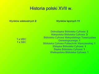 Historia polski XVII w. Wyników adekwatnych  2 Dolnośląska Biblioteka Cyfrowa:  3  Małopolska Biblioteka Cyfrowa:  3  Biblioteka Cyfrowa Małopolskiego Towarzystwa   Genealogicznego:  1  Biblioteka Cyfrowa Politechniki Warszawskiej:  1  Elbląska Biblioteka Cyfrowa:  1  Śląska Biblioteka Cyfrowa:  1  Wielkopolska Biblioteka Cyfrowa:  1  Wyników łącznych  11 1 x  MBC 1 x  ŚBC 