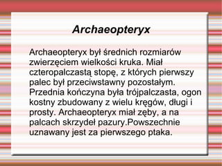 Archaeopteryx
Archaeopteryx był średnich rozmiarów
zwierzęciem wielkości kruka. Miał
czteropalczastą stopę, z których pierwszy
palec był przeciwstawny pozostałym.
Przednia kończyna była trójpalczasta, ogon
kostny zbudowany z wielu kręgów, długi i
prosty. Archaeopteryx miał zęby, a na
palcach skrzydeł pazury.Powszechnie
uznawany jest za pierwszego ptaka.
 