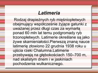 Latimeria
Rodzaj drapieżnych ryb mięśniopłetwych
obejmujący współcześnie żyjące gatunki z
uważanej przez długi czas za wymarłą
ponad 60 mln lat temu podgromady ryb
trzonopłetwych. Latimerie określane są jako
żywe skamieniałości.Pierwszą znaną nauce
latimerię złowiono 22 grudnia 1938 roku u
ujścia rzeki Chalumna.Latimerie
przebywają na głębokościach 150–700 m,
nad skalistym dnem i w jaskiniach
pochodzenia wulkanicznego.
 