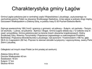 WSB
Charakterystyka gminy Łagów
Gmina Łagów położona jest w centralnej części Województwa Lubuskiego, usytuowanego na
zachodniej granicy Polski na obszarze Środkowego Nadodrza, mniej więcej w połowie drogi między
Gorzowem Wielkopolskim a Zieloną Górą, w pobliżu trasy E-30 Poznań-Świecko-Berlin.
Zajmuje powierzchnię 199,2 km2 i graniczy z gminami: od północy - Sulęcin, od zachodu - Torzym,
od wschodu - Lubrza, od południa - Bytnica i Skąpe. Gmina Łagów składa się z 12 sołectw oraz 8
osad i przysiółków. Gmina położona jest na terenie trzech obszarów krajobrazowych: Doliny
Środkowej Odry, Równiny Torzymskiej i Pojezierza Łagowskiego w makroregionie Pradoliny
Berlińskiej i Pojezierza Brandenbursko-Lubuskiego; nad jeziorami: Trześniowskim (186 ha, głęb.
58,8 m) i Łagowskim (82 ha). Poprzez to stanowi ośrodek turystyczny i wypoczynkowy, zwany Perłą
Ziemi Lubuskiej.
Odległości od innych miast Polski (w linii prostej od centrum):
Zielona Góra 46 km
Gorzów Wielkopolski 45 km
Świebodzin 18 km
Sulęcin 17 km
Słubice 49 km
 