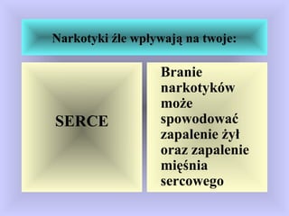 Narkotyki źle wpływają na twoje:
SERCE
Branie
narkotyków
może
spowodować
zapalenie żył
oraz zapalenie
mięśnia
sercowego
 