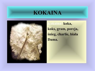 KOKAINA
Kokaina: koka,
koks, gram, porcja,
śnieg, charlie, biała
Dama.
 