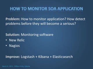 Problem: How to monitor application? How detect
problems before they will become a serious?
Solution: Monitoring software
• New Relic
• Nagios
Improve: Logstash + Kibana + Elasticsearch
 