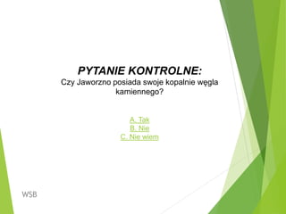 WSB
PYTANIE KONTROLNE:
Czy Jaworzno posiada swoje kopalnie węgla
kamiennego?
A. Tak
B. Nie
C. Nie wiem
 