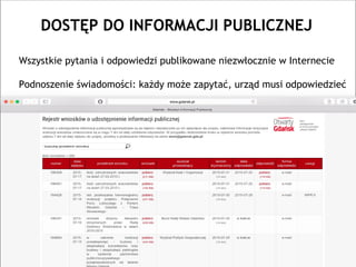DOSTĘP DO INFORMACJI PUBLICZNEJ
Wszystkie pytania i odpowiedzi publikowane niezwłocznie w Internecie
Podnoszenie świadomości: każdy może zapytać, urząd musi odpowiedzieć
 
