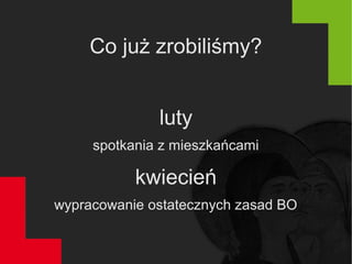 Co już zrobiliśmy?
luty
spotkania z mieszkańcami
kwiecień
wypracowanie ostatecznych zasad BO
 