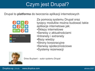 Czym jest Drupal?
Drupal to platforma do tworzenia aplikacji internetowych
Za pomocą systemu Drupal oraz
tysięcy modułów m...