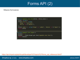 Forms API (2)
Własne formularze

https://api.drupal.org/api/drupal/developer%21topics%21forms_api_reference.html/7

www.dr...