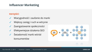 Influencer Marketing
Korzyści:
✓ Wiarygodność i zaufanie do marki
✓ Większy zasięg i ruch w witrynie
✓ Zaangażowanie społeczności
✓ Efektywniejsze działania SEO
✓ Świadomość marki wśród
konsumentów
 